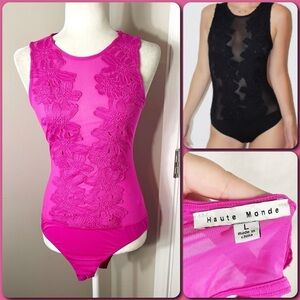 HAUTE MONDE Pink Floral Lace Sleeveless Sheer Mesh Bodysuit - LARGE